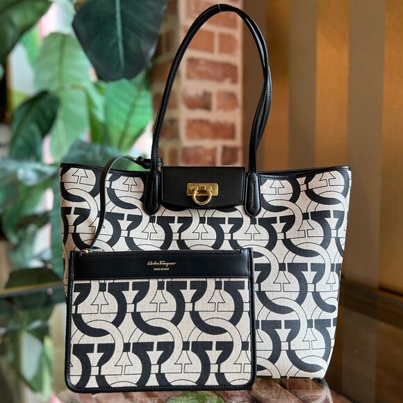 SALVATORE FERRAGAMO Gancini Black Beige Canvas Calfskin Tote - Picture 1 of 9